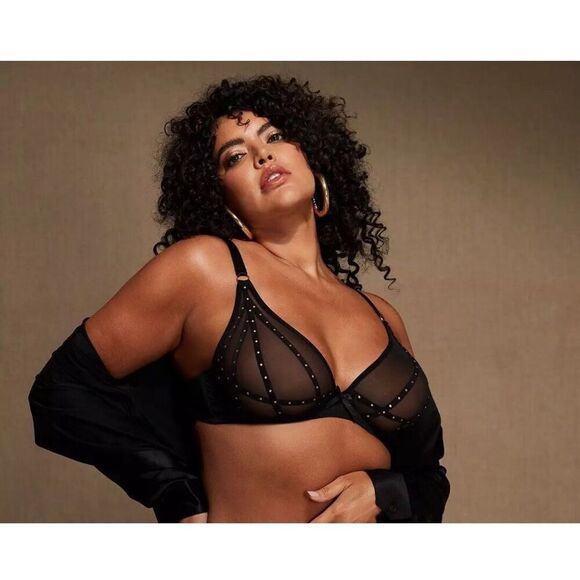 NWT Fredericks of Hollywood SZ 32D Rozlyn Mesh & Stud Black Underwire Bra - Picture 1 of 6